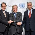 UN chief Antonio Guterres, seen here between Greek Cypriot President Nicos Anastasiades (L) and Turkish Cypriot Leader Mustafa Akinci (R), is heading to Switzerland to press them to reach a historic agreement on reunifying Cyprus.