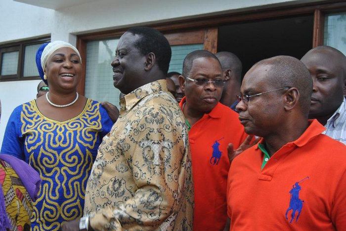 Kilifi woman rep Aisha Jumwa with Cord Leader Raila Odinga, Kilifi Senator Stewart Madzayo and Goveror Amason Kingi at a past reception in Malindi airport.