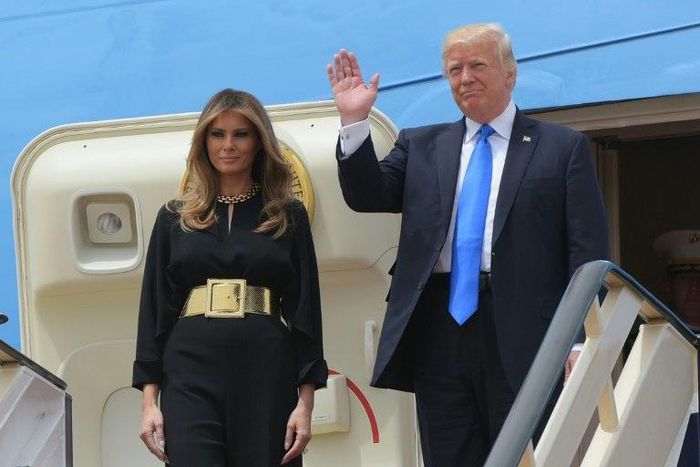 US President Donald Trump and First Lady Melania Trump step off Air Force One upon arrival at King Khalid International Airport in Riyadh on May 20, 2017
