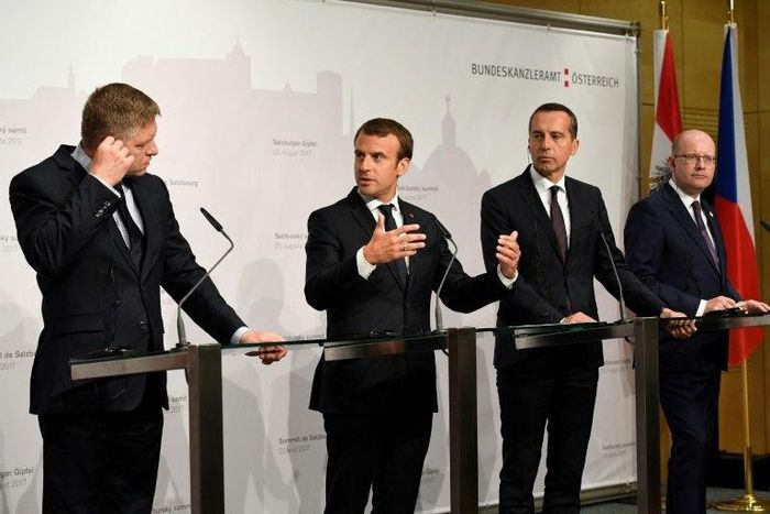 (L-R) Slovak Prime Minister Robert Fico, French President Emmanuel Macron, Austrian Chancellor Christian Kern and Czech Prime Minister Bohuslav Sobotka address a press conference in Salzburg