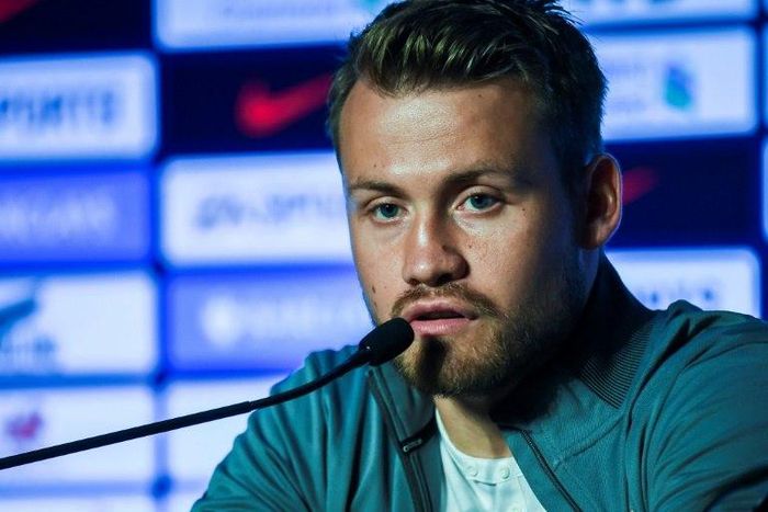Liverpool player Simon Mignolet speaks at a press conference in Hong Kong on July 18, 2017