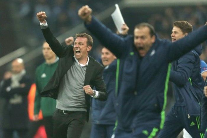 Schalke's head coach Markus Weinzierl celebrates during the UEFA Europa League 2nd-leg quarter-final football match against Ajax Amsterdam April 20, 2017
