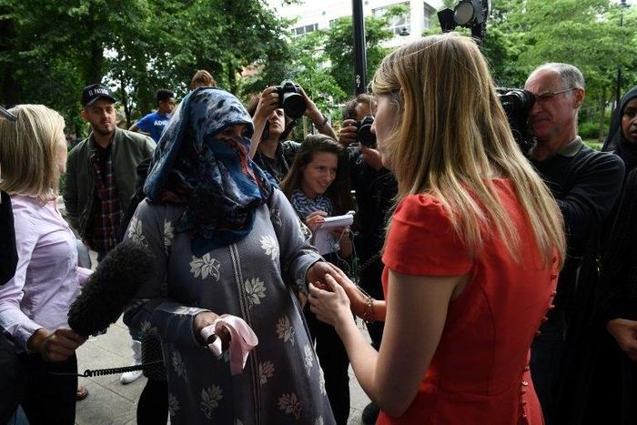 Camden council head Georgia Gould (R) talks to local residents about re-housing concerns. Thousands have been evacuated from 650 London flats due to safety fears following the Grenfell Tower fire, edy, but dozens refused to leave their homes
