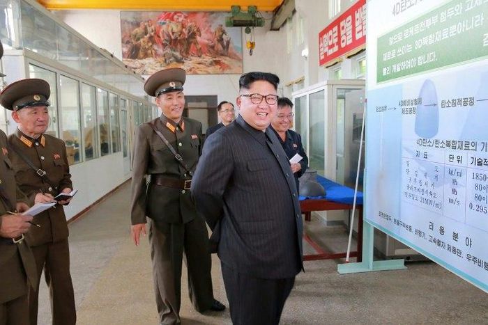 This undated picture released by North Korea's official Korean Central News Agency shows leader Kim Jong-Un visiting the Chemical Material Institute of the Academy of Defense Science