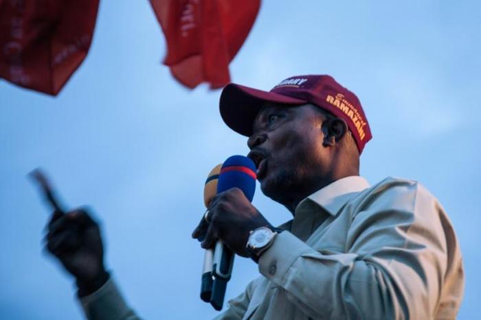 Emmanuel Ramazany Shadary, the "pro-Kabila" candidate seen here campaigning in Goma, was forced to cancel his trip to Tshikapa due to the unrest, according to a source