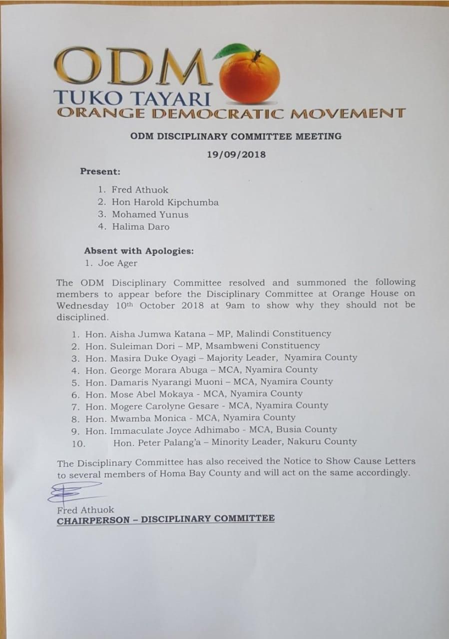10 ODM politicians to face disciplinary action [Full List]