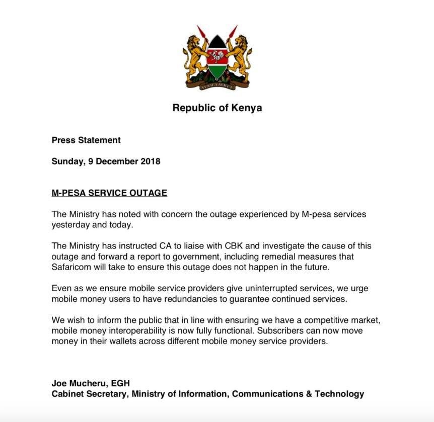 Government takes action after M-Pesa outage