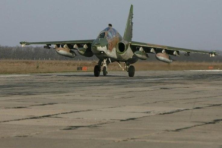 A Russian Su-25 ground attack aircraft lands at an airbase in the southern Russia's Krasnodar region, on March 16, 2016, after arriving from Syria
