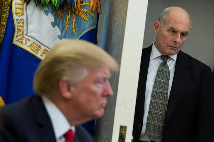 President Donald Trump is pictured in February 2018 with his outgoing chief of staff John Kelly, whom he is struggling to replace in a White House beset by turmoil, infighting and legal probes