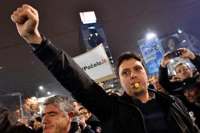 Some protesters chanted "Vucic, thief" at a protest in Serbia's capital on Saturday, the third week in a row of marches against President Aleksandar Vucic