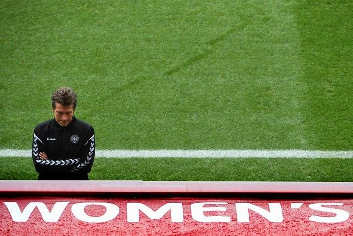 Denmark's head coach Nils Nielsen looks on during a training session at the FC Twente Stadium in Enschede on August 5, 2017