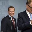 Finnish Minister of Finance, National Coalition chairman Petteri Orpo (L) and Finnish Prime Minister, Centre Party chairman Juha Sipila leave after addressing a press conference at the Prime Minister's official residence on June 12, 2017