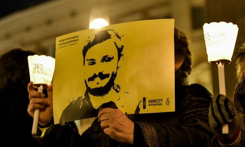 Activists demonstrate in front the Italian Parliament on January 25, 2017 to mark the first anniversary since the disappearance in Egypt of Italian student Giulio Regeni