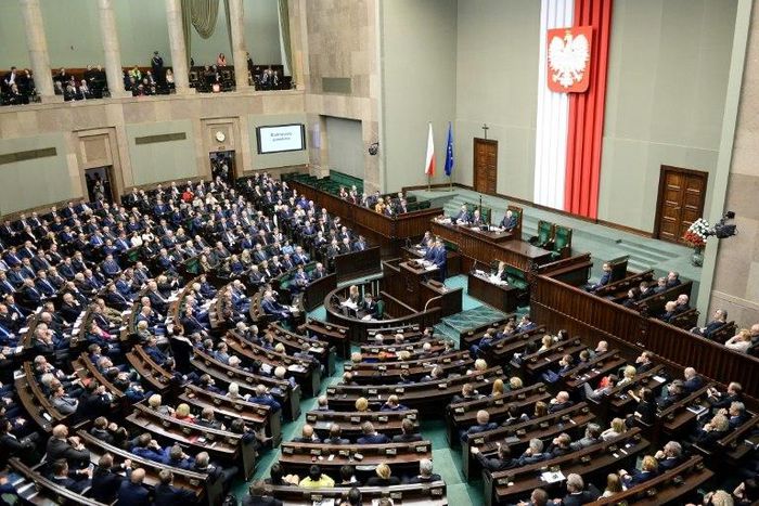 Polish lawmakers attend a session of the Sejm -- the lower house of parliament -- in Warsaw