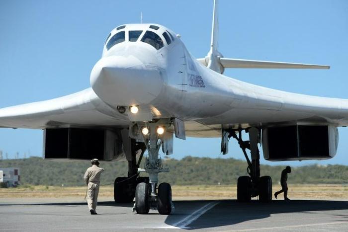 A Russian Tupolev Tu-160 strategic long-range heavy supersonic bomber aircraft after landing at Maiquetia International Airport, just north of Caracas