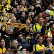 Watford fans cheer in London on April 24, 2016