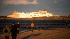 A Scandlines ferry leaves the German port of Warnemuende en route to Gedser in Denmark