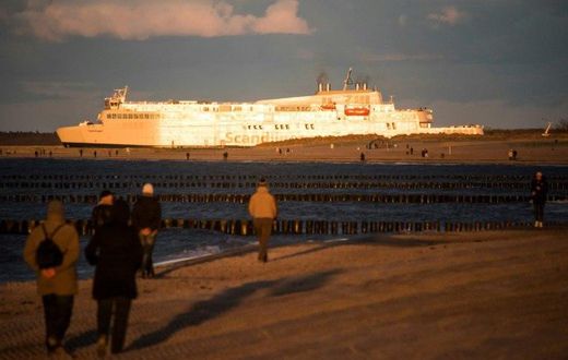 A Scandlines ferry leaves the German port of Warnemuende en route to Gedser in Denmark