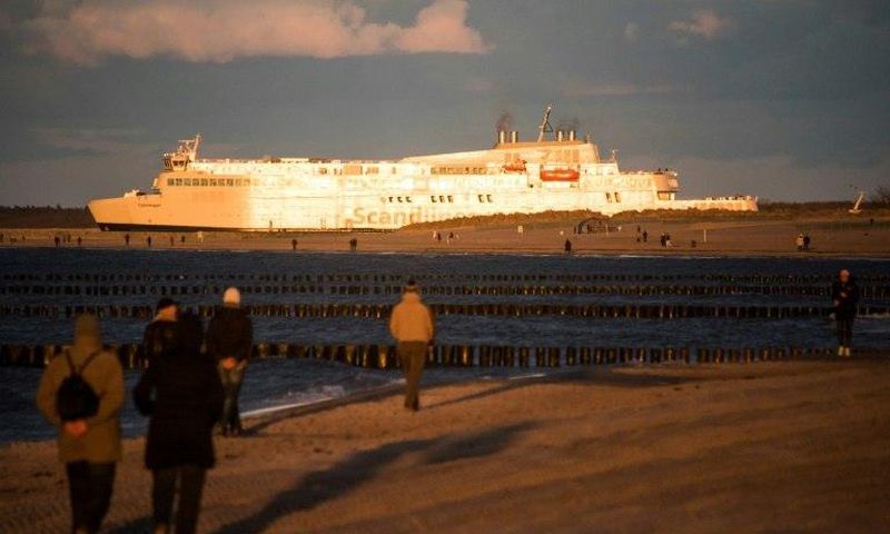 A Scandlines ferry leaves the German port of Warnemuende en route to Gedser in Denmark