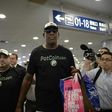 Former NBA player Dennis Rodman arrives to check-in for his flight to North Korea, at Beijing's international airport, on June 13, 2017