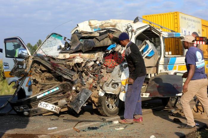 The wreckage of an 11-seater matatu involved in an accident at Sobea near Salgaa area