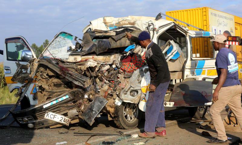 The wreckage of an 11-seater matatu involved in an accident at Sobea near Salgaa area