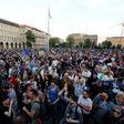 Prostesters gather at the parliament buliding in Budapest, on May 21, 2017, as they take part in a demonstration against tough laws targeting foreign-backed NGOs and higher education institutions, amid rising tensions between Budapest and Brussels