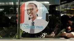 A bus is adorned with an image of incumbent Rwandan President Paul Kagame, expected to win a third election term in Friday's poll