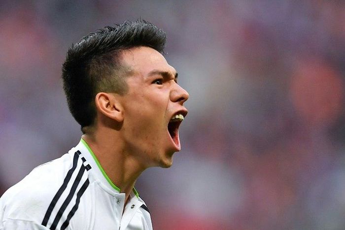 Mexico's forward Hirving Lozano celebrates after scoring the team's second goal, which sealed Mexico's victory, during the 2017 Confederations Cup group A football match between Mexico and Russia at the Kazan Arena Stadium in Kazan