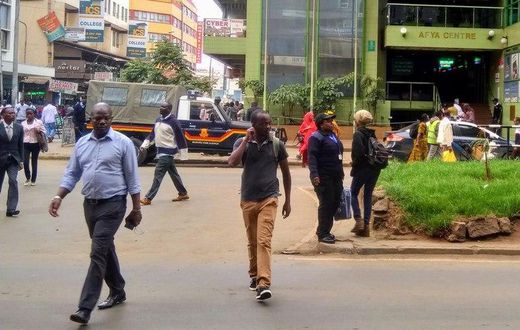 Police land rover at Afya Centre keeping away matatus from entering the CBD