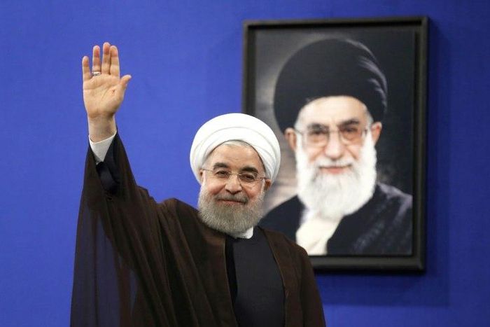 Newly re-elected Iranian President Hassan Rouhani gestures after delivering a televised speech in the capital Tehran on May 20, 2017