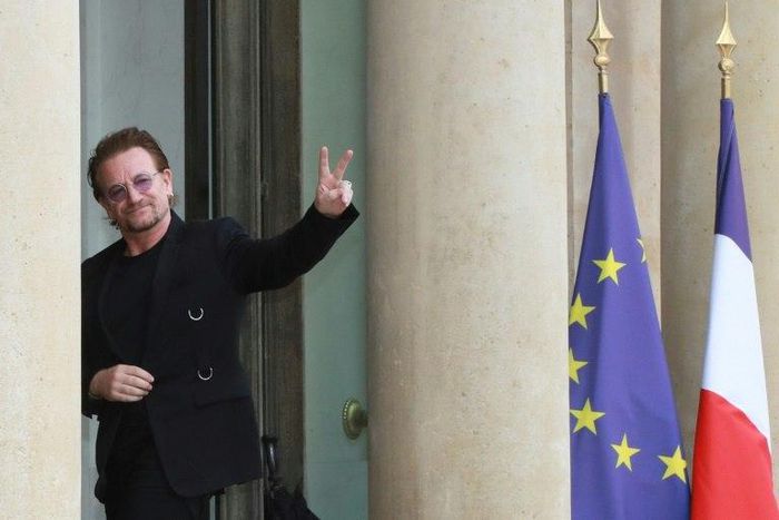 Irish U2 musician and philanthropist Bono, co-founder of the organisation ONE, arrives at the Elysee Palace in Paris to meet with French president Emanuel Macron