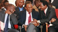 Nasa leader Kalonzo Musyoka (right), President Uhuru Kenyatta and Deputy President William Ruto at a past function in Kericho.