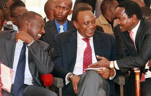 Nasa leader Kalonzo Musyoka (right), President Uhuru Kenyatta and Deputy President William Ruto at a past function in Kericho.