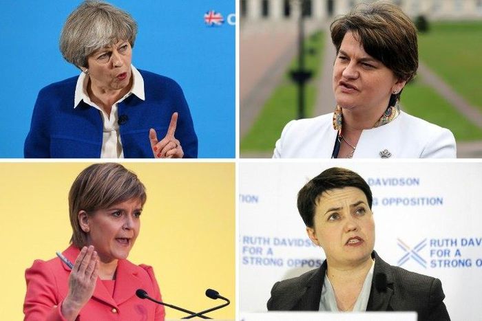 This combination image shows (Top L-R) British Prime Minister Theresa May, Democratic Unionist Party (DUP) leader Arlene Foster, (bottom L-R) First Minister of Scotland and leader of the Scottish National Party (SNP) Nicola Sturgeon and Scottish conser...