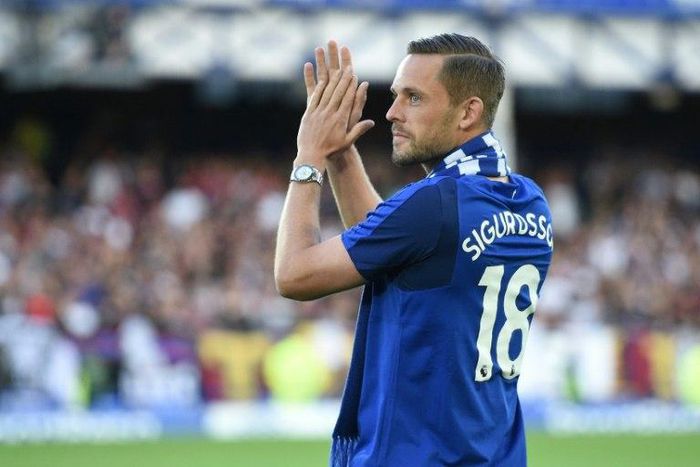 Everton's Icelandic midfielder Gylfi Sigurdsson is introduced to supporters on the pitch ahead of the UEFA Europa League playoff round, first leg football match against Hajduk Split at Goodison Park in Liverpool, north west England on August 17, 2017