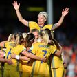 Sweden celebrates after scoring their second goal during the UEFA Women's Euro 2017 football match against Russia at Stadion De Adelaarshorst in Deventer on July 21, 2017