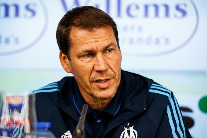 Marseille's head coach Rudi Garcia speaks during a press conference of French club Olympic Marseille (OM) ahead of the UEFA Europa League third qualifying round football match against KV Oostende on August 2, 2017 in Oostende