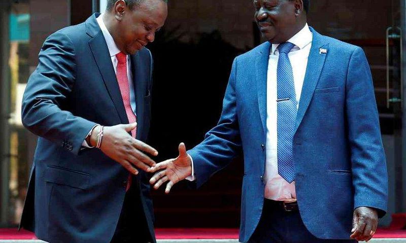 Raila Odinga with President Uhuru Kenyatta. Jubilee MP's are asking quit from politics and concentrate more on his new role as the High Representative for Infrastructure Development in Africa.