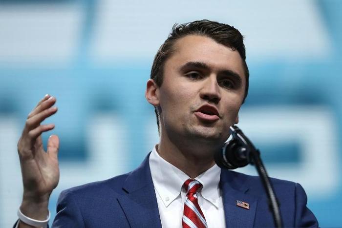 Conservative student activist Charlie Kirk, pictured May 2018, tweeted a theory that the French "yellow vest" rioters want to be led by US President Trump, which Trump himself has retweeted