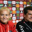 L-R: Denmark's forward Pernille Harder, head coach Nils Nielsen and midfielder Sanne Troelsgaard give a press conference on the eve of the UEFA Women's Euro 2017 football tournament final match