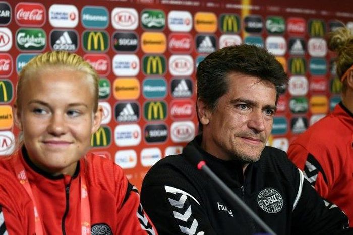 L-R: Denmark's forward Pernille Harder, head coach Nils Nielsen and midfielder Sanne Troelsgaard give a press conference on the eve of the UEFA Women's Euro 2017 football tournament final match