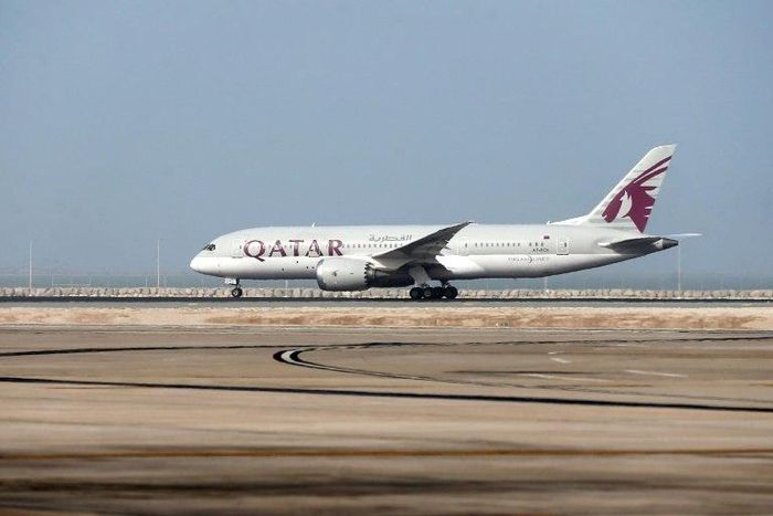 A file photo from July 20, 2017 shows a Qatar Airways plane on the runway at Hamad International Airport in Doha