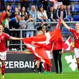 Denmark's players celebrate after winning the UEFA Women’s Euro 2017 football tournament semi-final match between Denmark and Austria at the Rat Verlegh Stadium, in Breda, on August 3, 2017