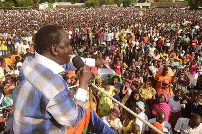 Raila Odinga addresses a past rally at Tononoka grounds in Mombasa.