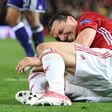 Manchester United's striker Zlatan Ibrahimovic reacts after falling awkwardly during the UEFA Europa League quarter-final second leg football match between against Anderlecht April 20, 2017