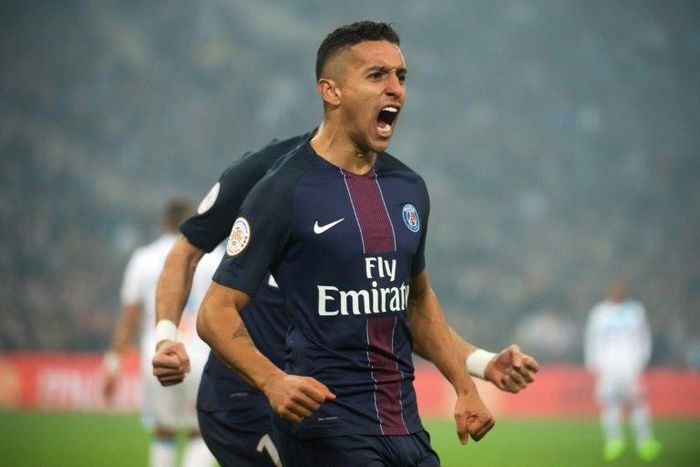 Paris Saint-Germain's Marquinhos celebrates after scoring against Marseille during a French league match in February 2017