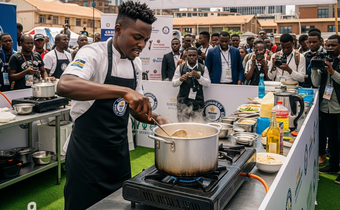 An AI-generated image depicting a person in Nairobi participating in a cooking marathon for a Guinness World Record.
