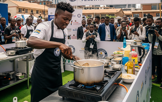 An AI-generated image depicting a person in Nairobi participating in a cooking marathon for a Guinness World Record.