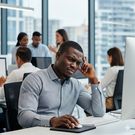 An AI-generated image of a person sad in a work place